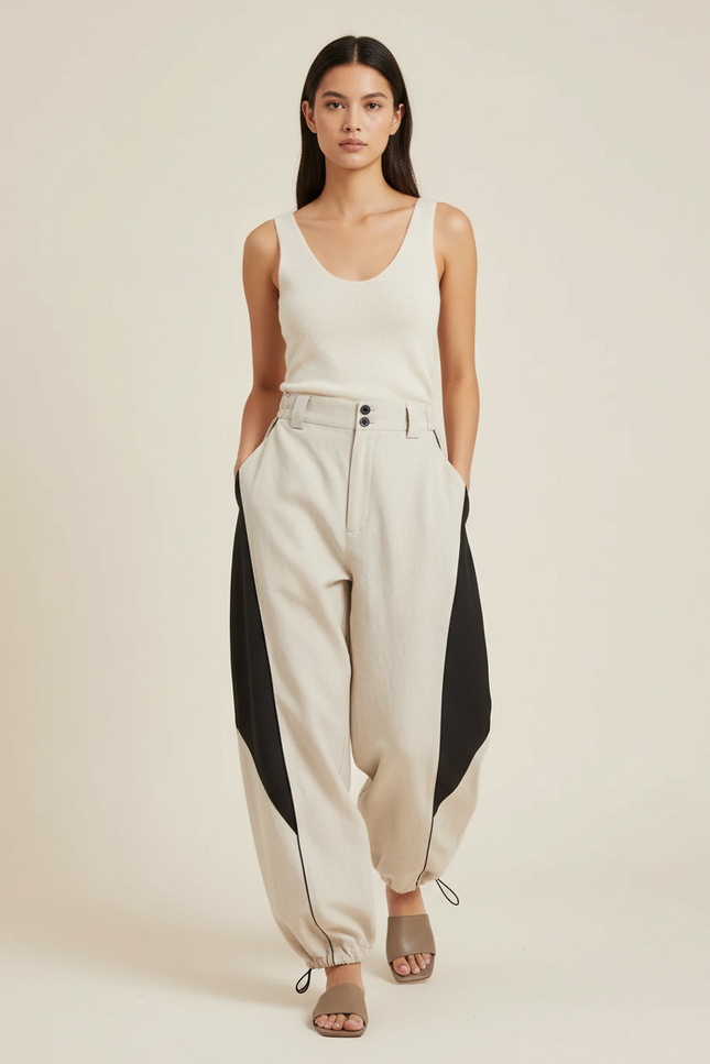 Pantalon Baggy Beige Noir Ample Bicolore Décontracté - Lin