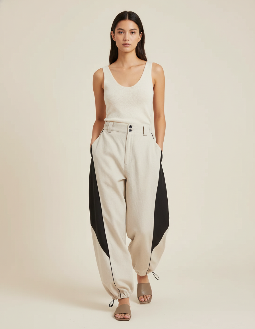Pantalon Baggy Beige Noir Ample Bicolore Décontracté - Lin