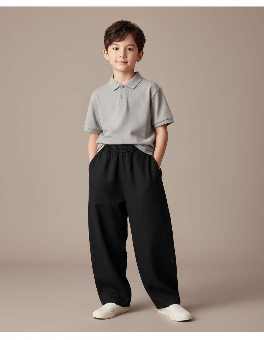 Pantalon Baggy Noir Ample Coton Décontracté Enfant - Lin