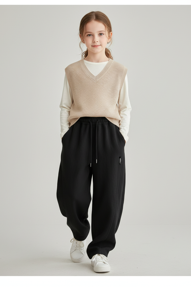 Pantalon Baggy Noir Ample Molletonné Cordon Enfant