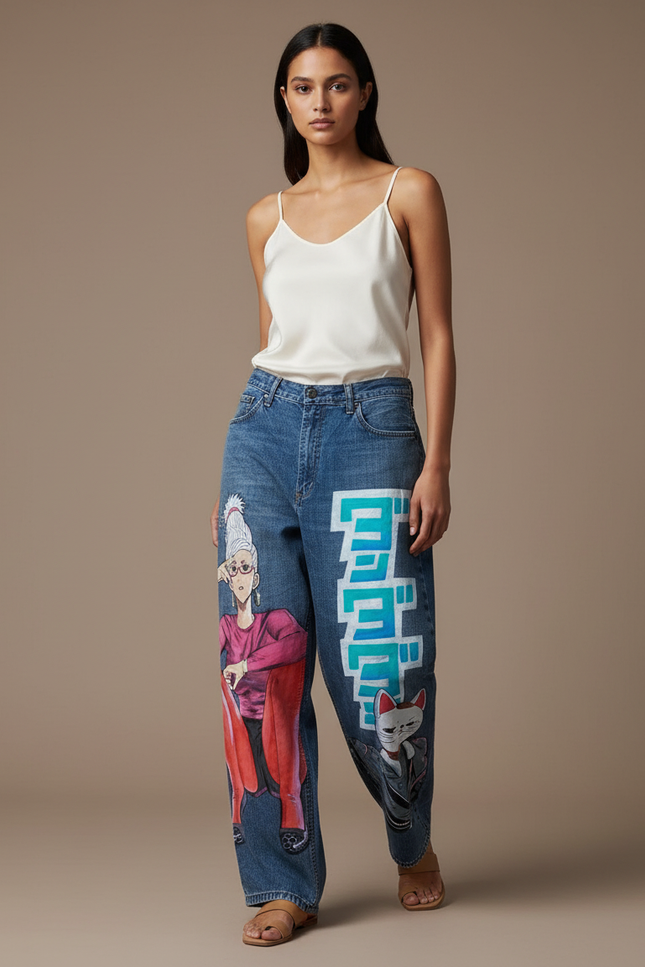 Pantalon Baggy Jean Bleu Manga Dessins Animés Ample