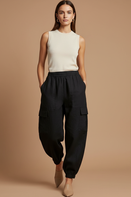 Pantalon Baggy Noir Lin Ample Cargo Cheville Élastique