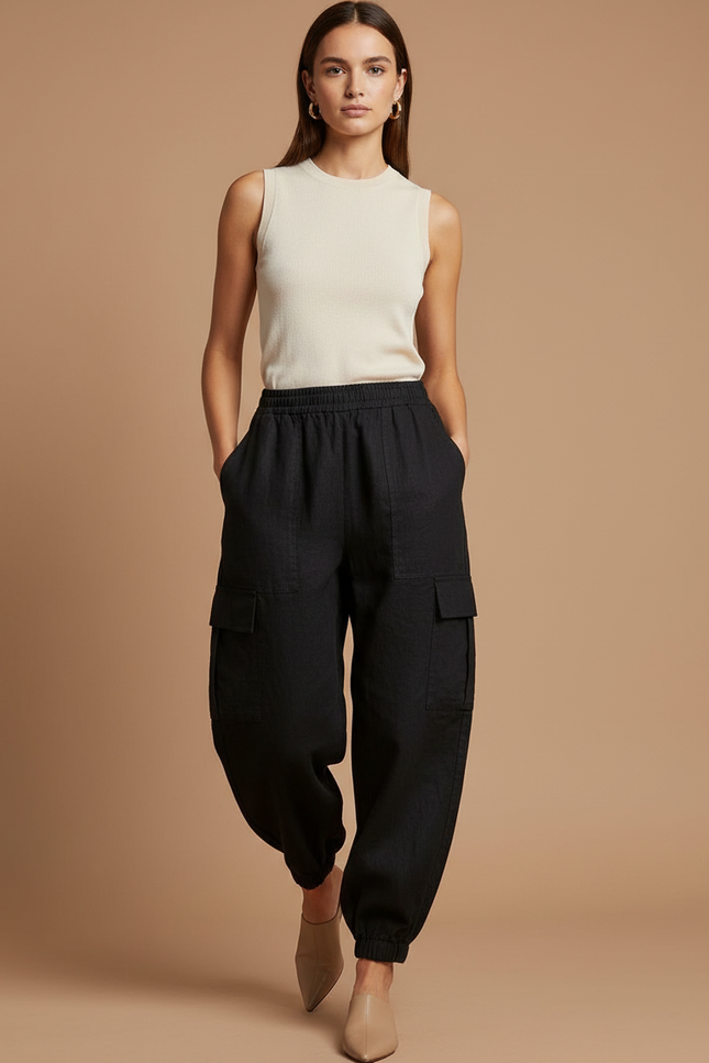 Pantalon Baggy Noir Lin Ample Cargo Cheville Élastique