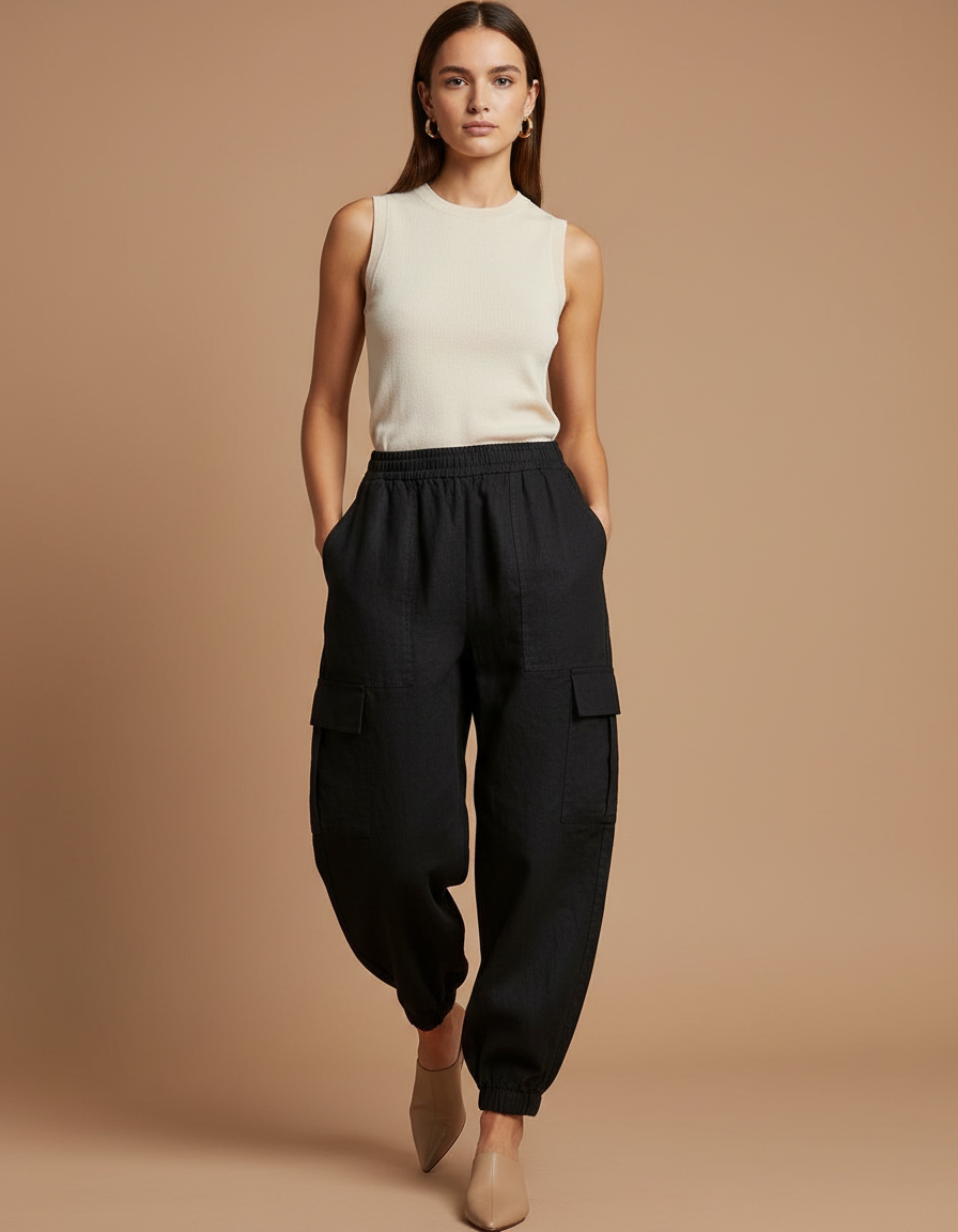 Pantalon Baggy Noir Lin Ample Cargo Cheville Élastique