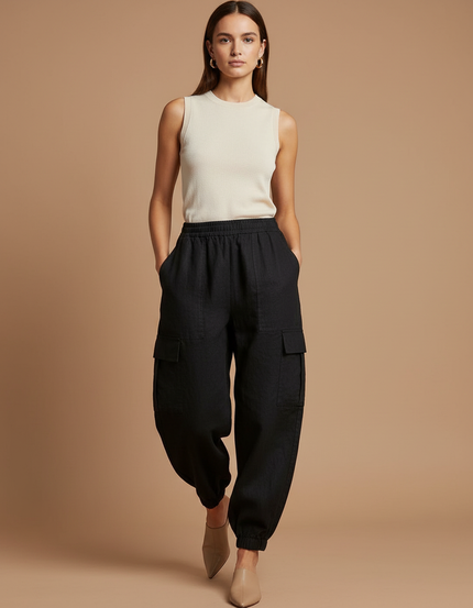 Pantalon Baggy Noir Lin Ample Cargo Cheville Élastique
