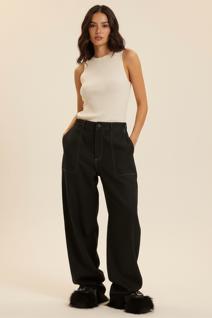 Pantalon Baggy Noir Ample Surpiqûres Blanches Femme - Jean