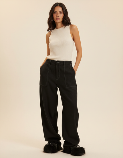 Pantalon Baggy Noir Ample Surpiqûres Blanches Femme - Jean
