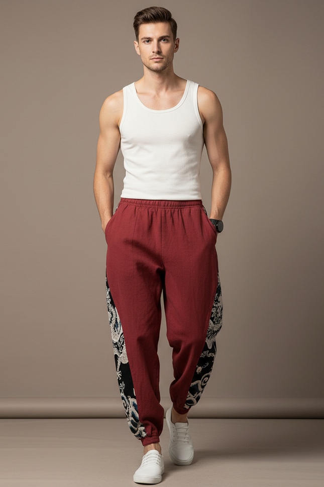 Pantalon Baggy Rouge Coton Lin Dragon Homme - Bordeaux