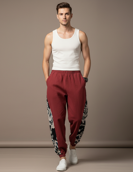 Pantalon Baggy Rouge Coton Lin Dragon Homme - Bordeaux