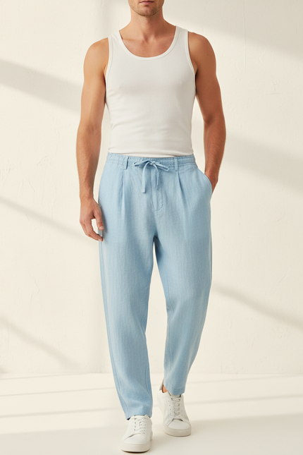Pantalon Baggy Bleu Ciel Lin Cordon Décontracté Homme