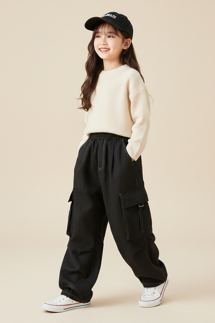 Pantalon Baggy Noir Cargo Décontracté Ample Enfant - Jean