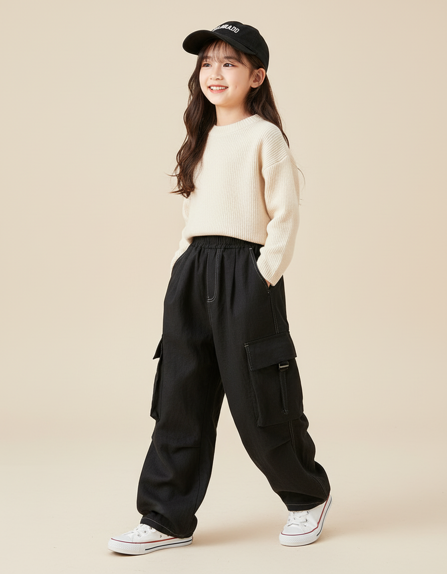 Pantalon Baggy Noir Cargo Décontracté Ample Enfant - Jean