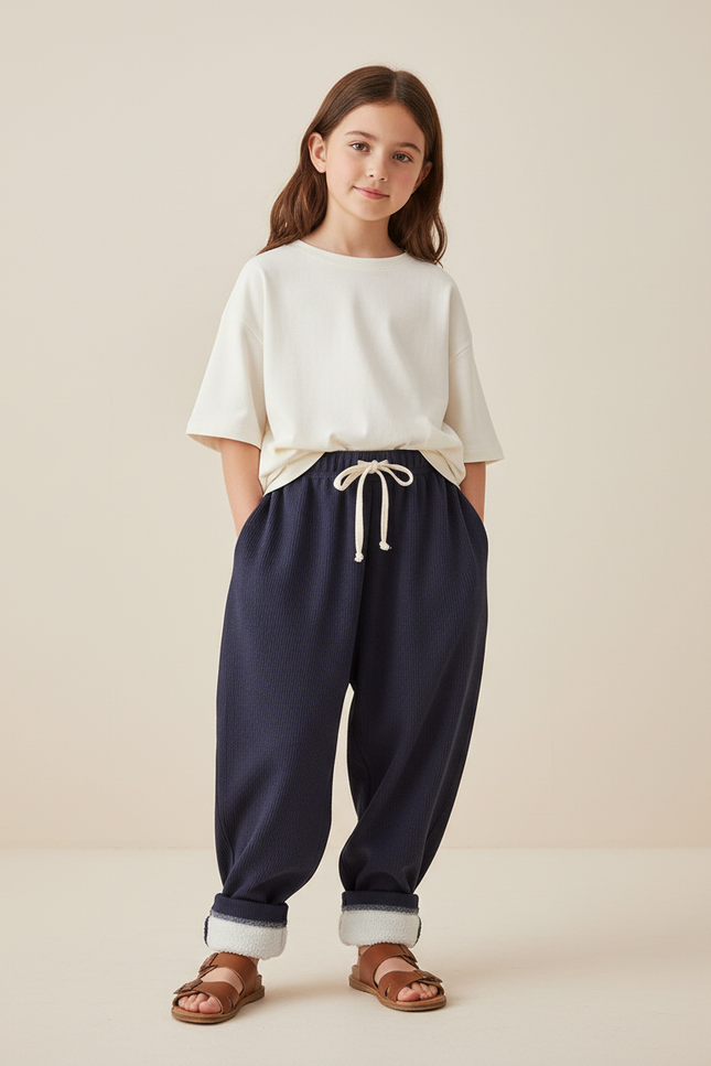 Pantalon Baggy Bleu Marine Côtelé Doublé Polaire Enfant - Cordé