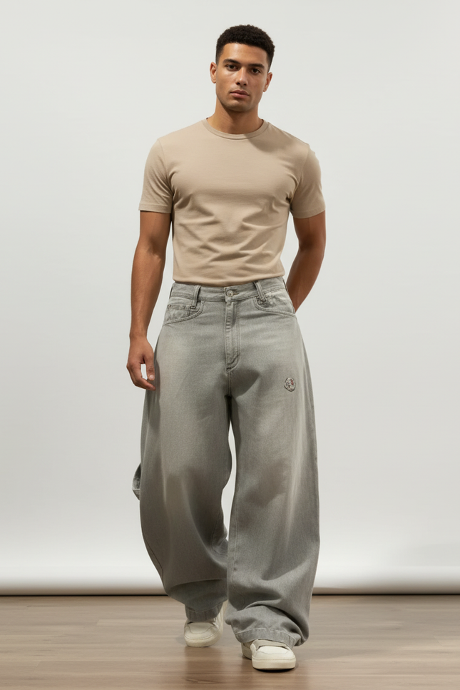 Pantalon Baggy Gris Ample Délavé Brodé Homme - Jean