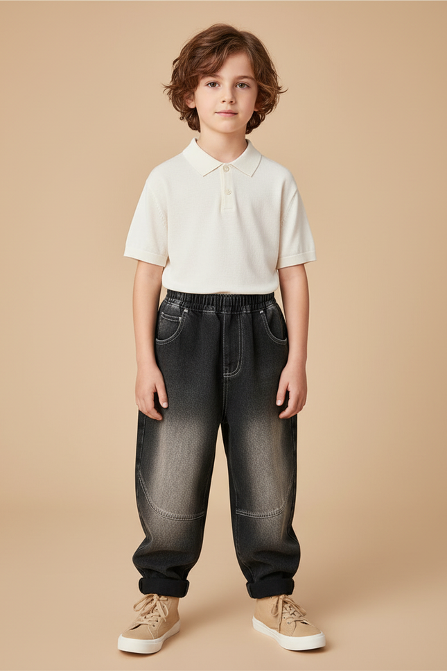 Pantalon Baggy Jean Dégradé Ample Coton Garçon - Noir