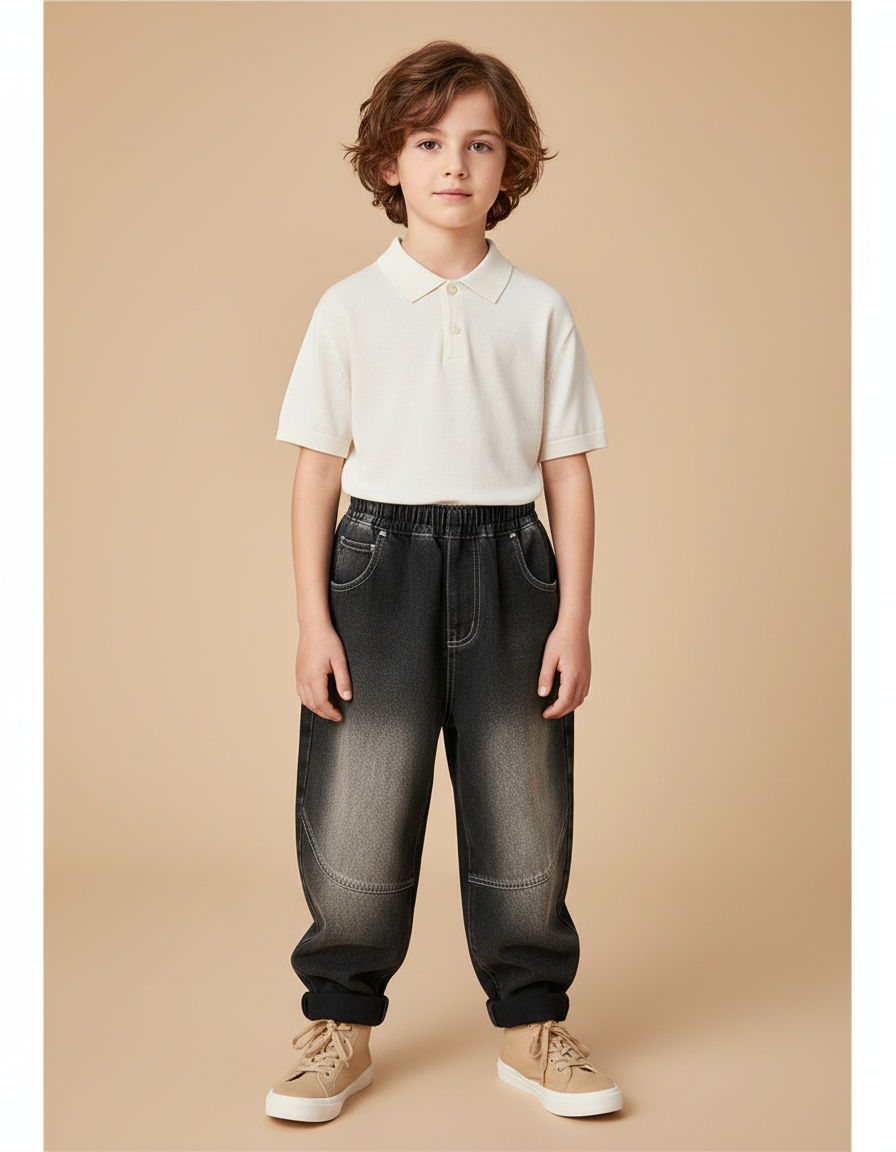 Pantalon Baggy Jean Dégradé Ample Coton Garçon - Noir