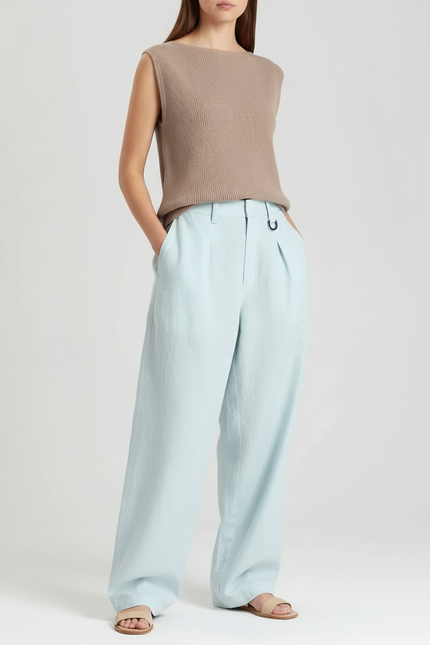 Pantalon Baggy Bleu Ciel Plissé Lin Ample Femme
