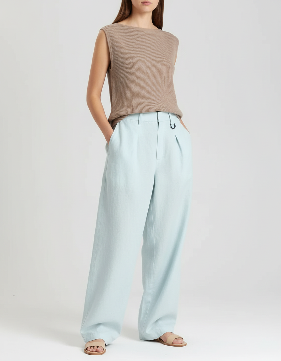 Pantalon Baggy Bleu Ciel Plissé Lin Ample Femme