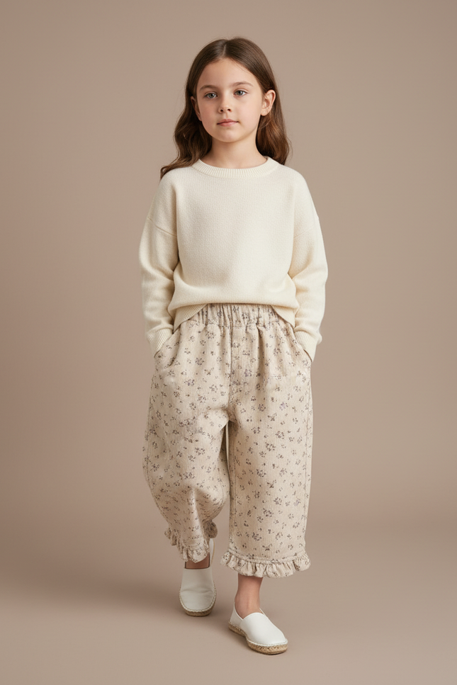 Pantalon Baggy Écru Côtelé Imprimé Floral Volants Fille - Cordé