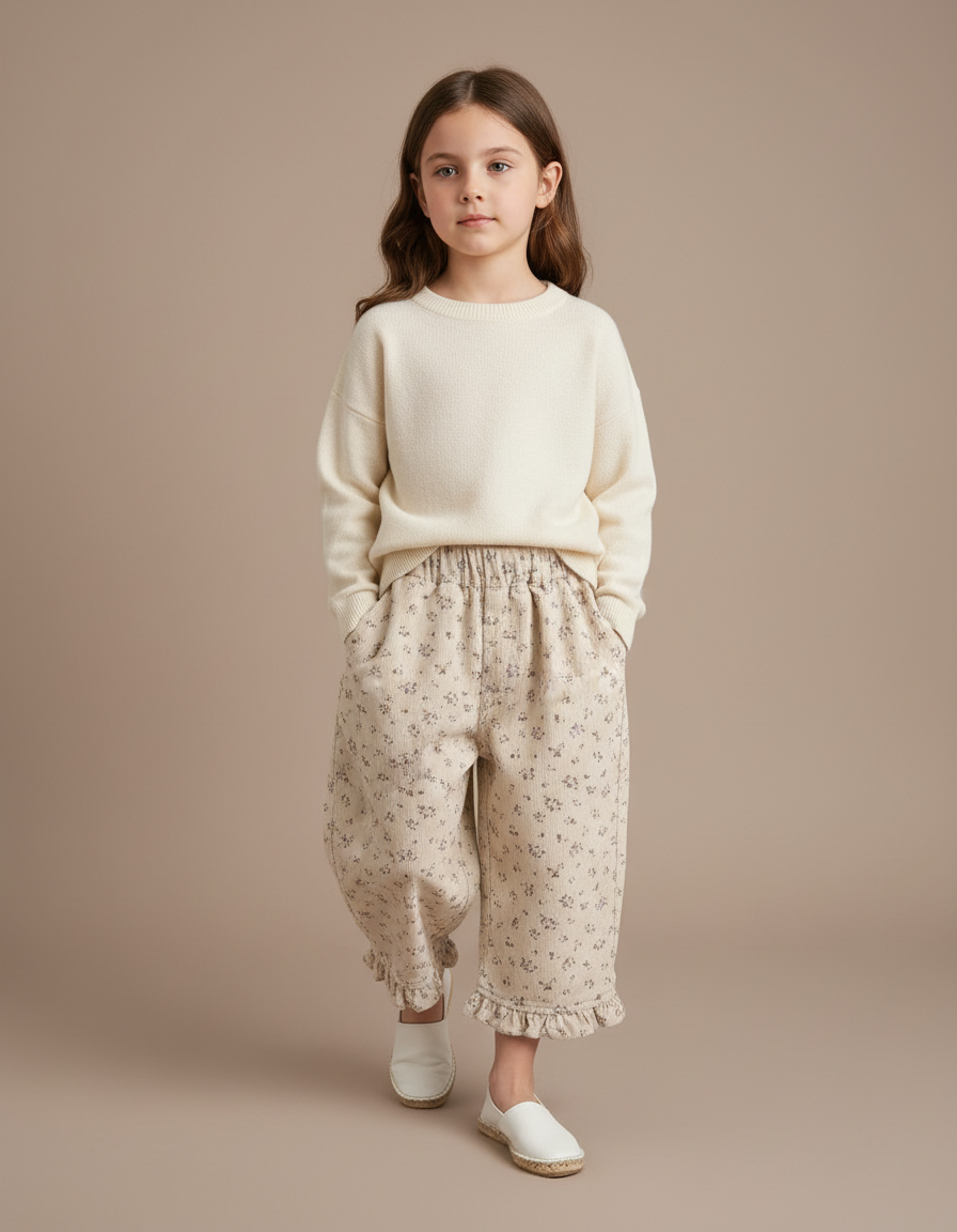 Pantalon Baggy Écru Côtelé Imprimé Floral Volants Fille - Cordé