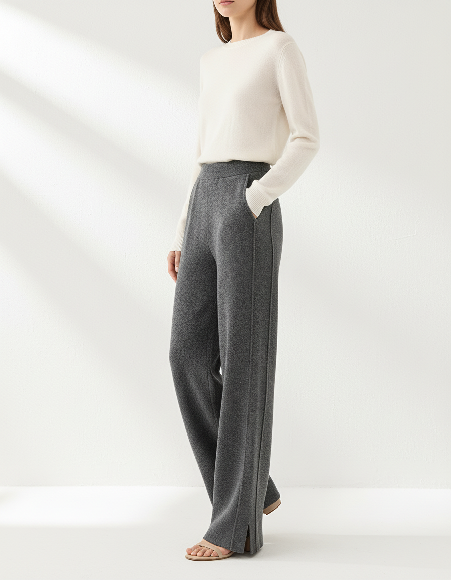 Pantalon Baggy Gris Cachemire Ample Tricoté Élégant - Maille
