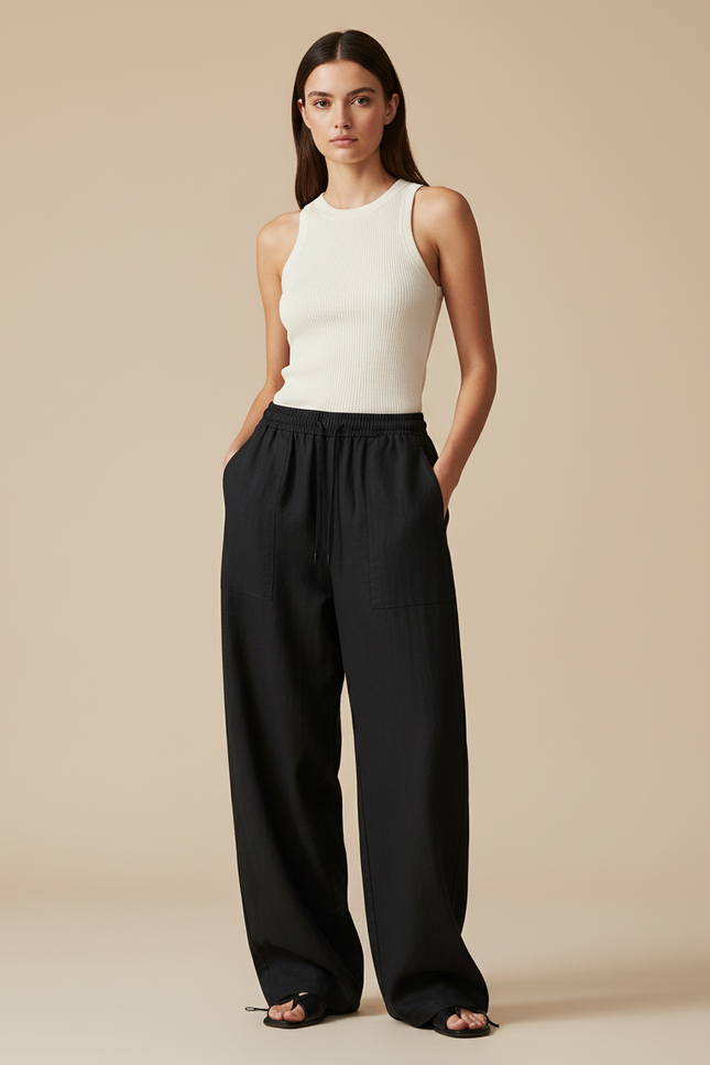Pantalon Baggy Noir Lin Ample Décontracté Élastiqué