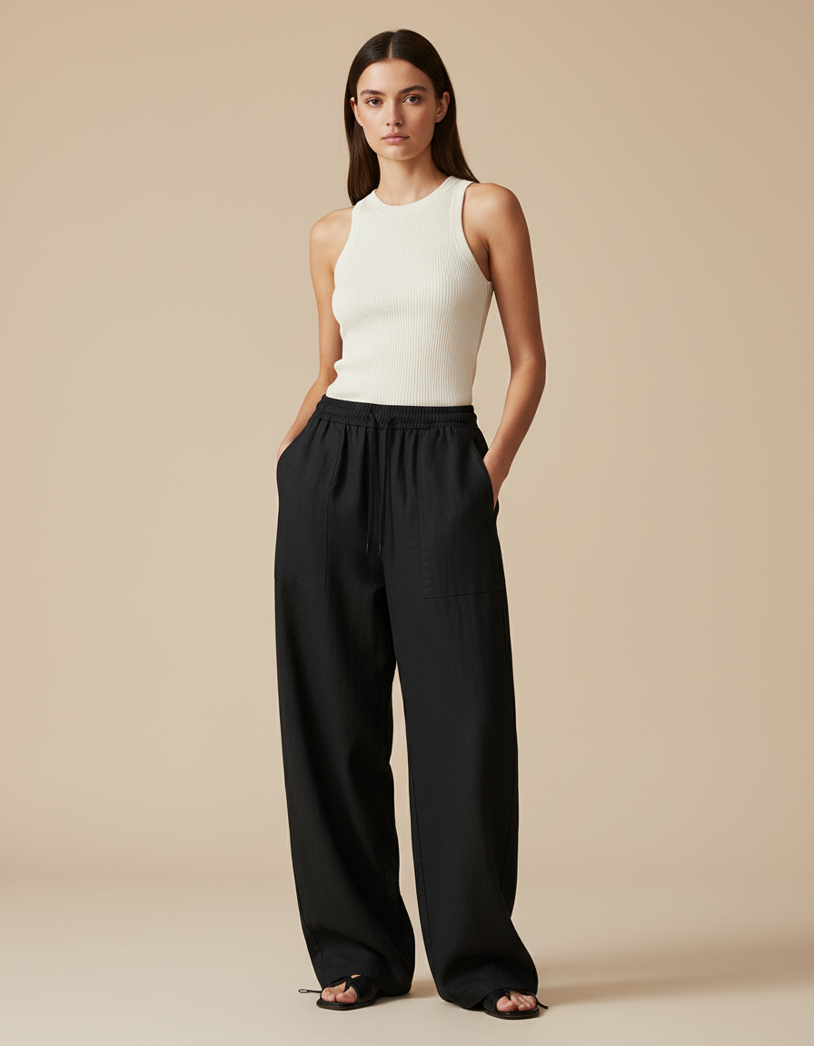 Pantalon Baggy Noir Lin Ample Décontracté Élastiqué