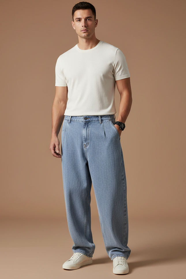 Pantalon Baggy Jean Bleu Clair Ample Plissé Homme