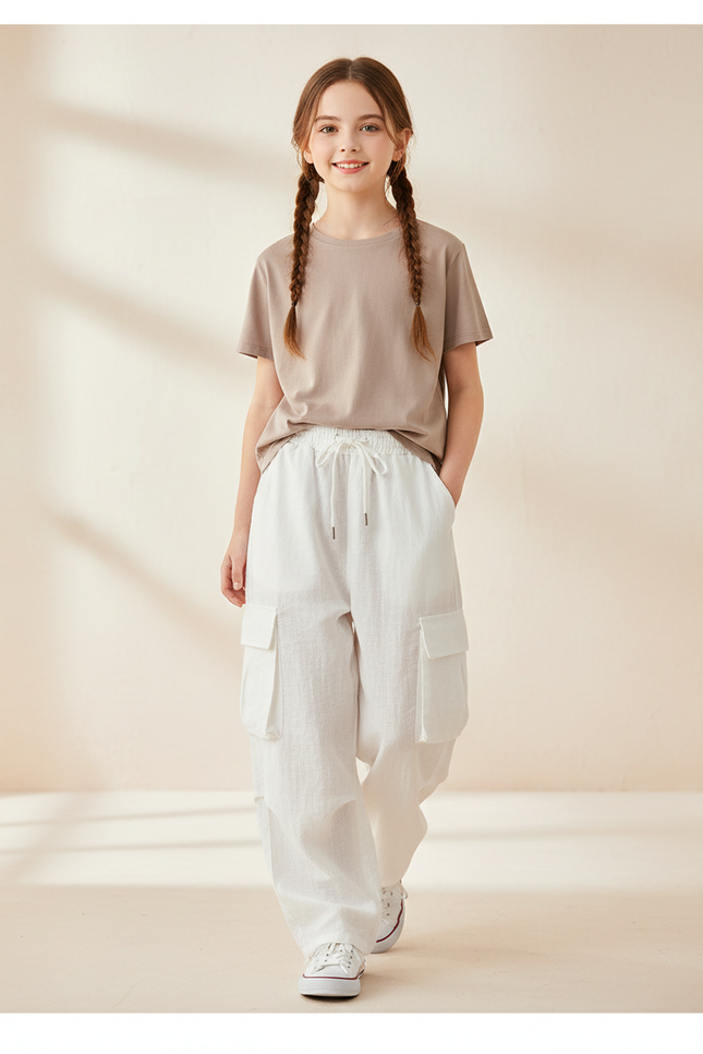 Pantalon Baggy Blanc Lin Ample Cargo Enfant