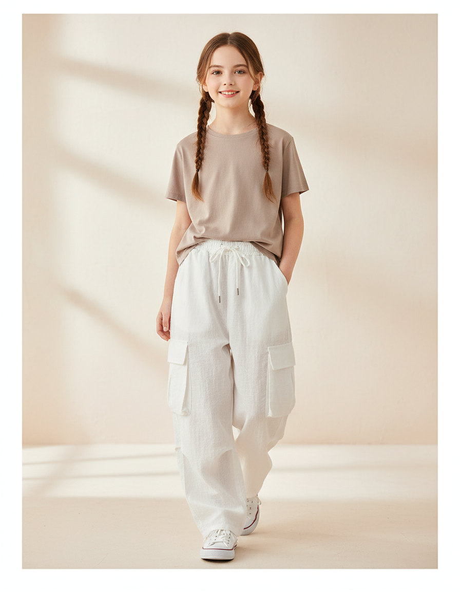 Pantalon Baggy Blanc Lin Ample Cargo Enfant