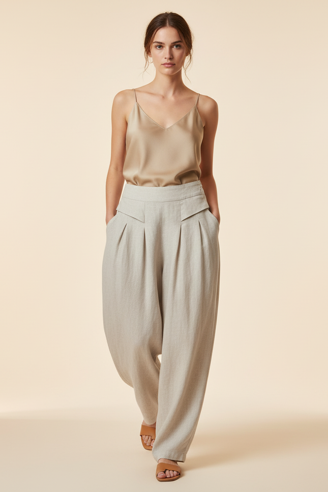 Pantalon Baggy Gris Clair Lin Ample Plissé Femme