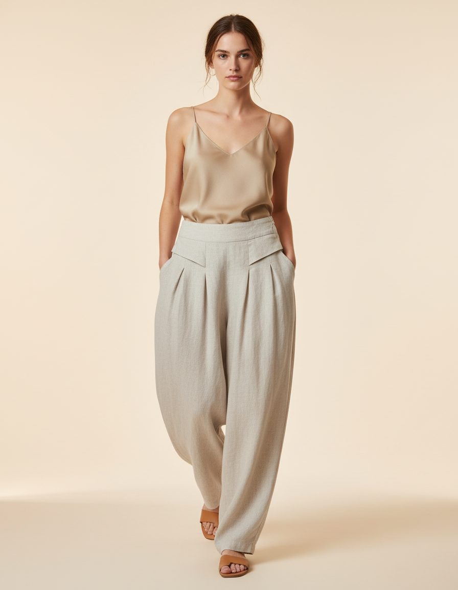 Pantalon Baggy Gris Clair Lin Ample Plissé Femme
