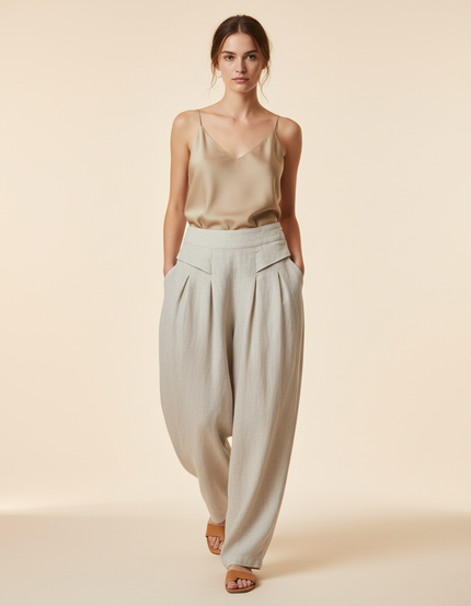 Pantalon Baggy Gris Clair Lin Ample Plissé Femme