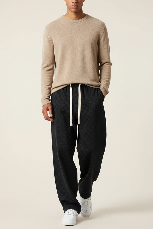 Pantalon Baggy Noir Damier Velours Ample Décontracté Homme