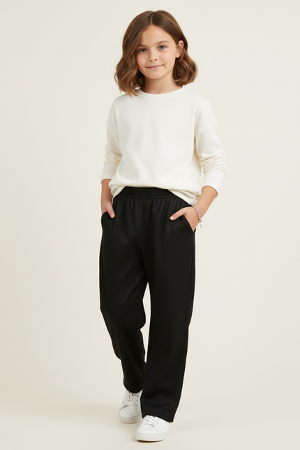 Pantalon Baggy Noir Ample Côtelé Élastique Fille - Cordé