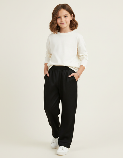 Pantalon Baggy Noir Ample Côtelé Élastique Fille - Cordé