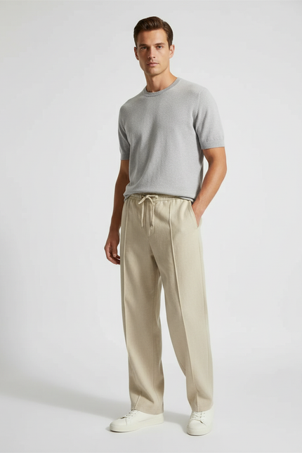 Pantalon Baggy Beige Lin Ample Décontracté Cordon