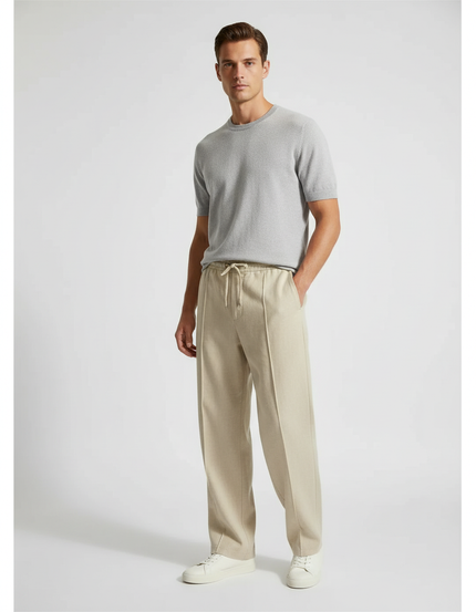 Pantalon Baggy Beige Lin Ample Décontracté Cordon