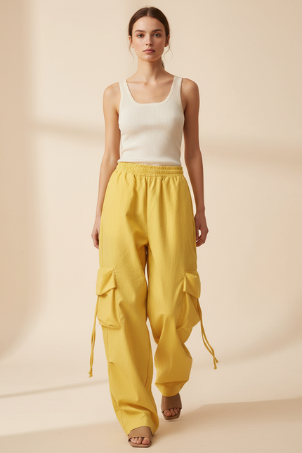 Pantalon Baggy Jaune Cargo Ample Décontracté Femme - Toile