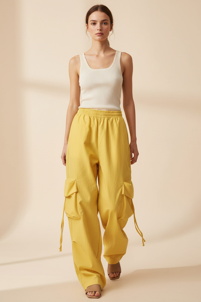 Pantalon Baggy Jaune Cargo Ample Décontracté Femme - Toile