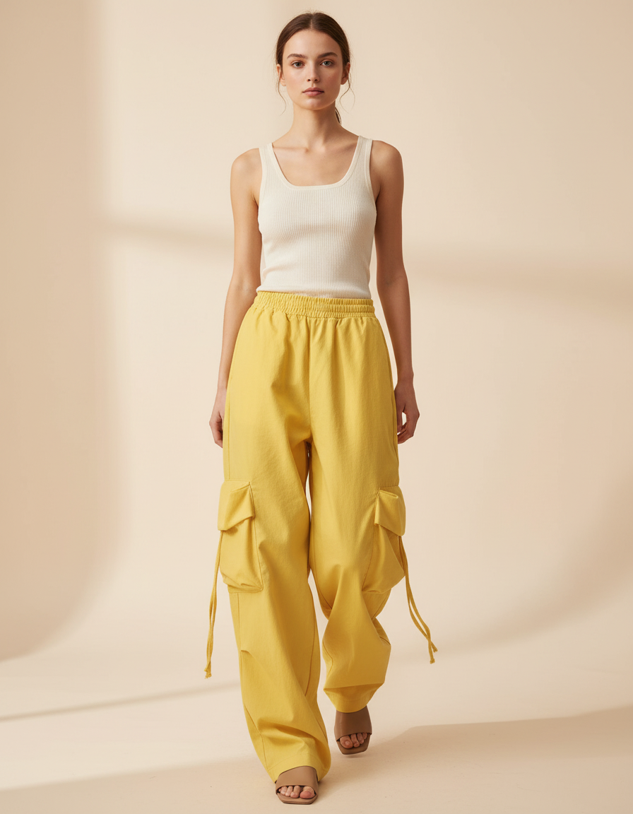 Pantalon Baggy Jaune Cargo Ample Décontracté Femme - Toile