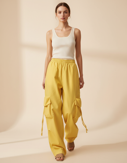 Pantalon Baggy Jaune Cargo Ample Décontracté Femme - Toile