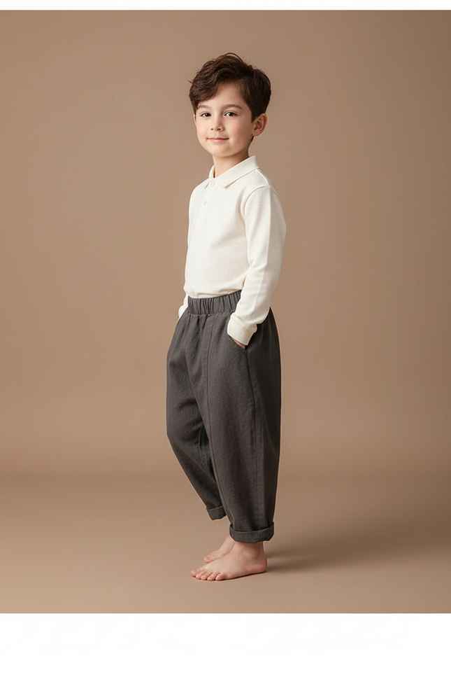 Pantalon Baggy Coton Gris Ample Enfant Décontracté - Lin