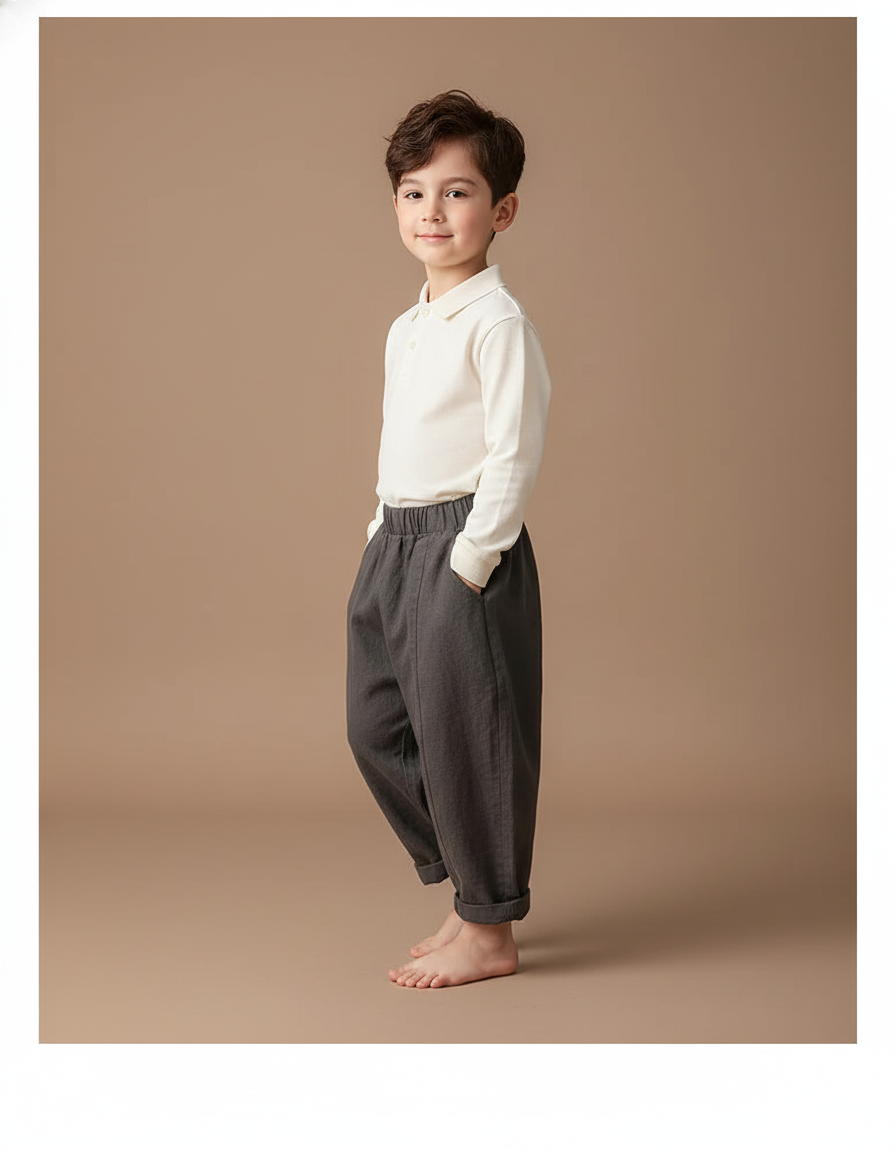 Pantalon Baggy Coton Gris Ample Enfant Décontracté - Lin