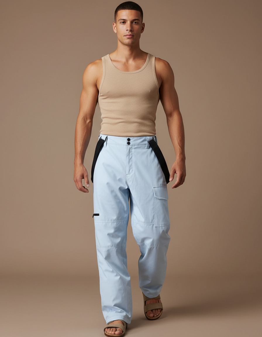 Pantalon Baggy Bleu Clair Bretelles Imperméable Ski - Polyester
