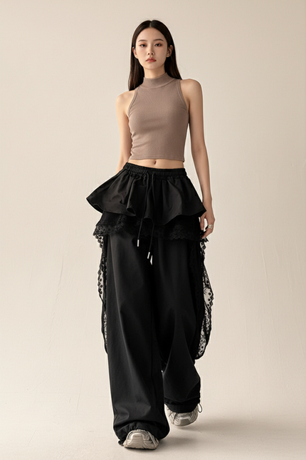 Pantalon Baggy Noir Ample Dentelle Streetwear Femme - Polyester