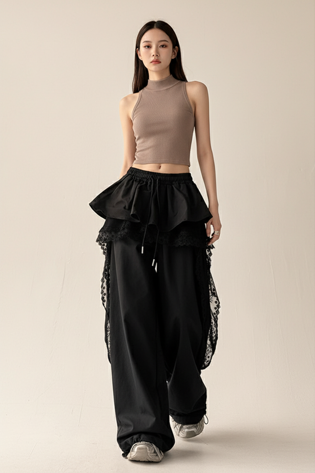 Pantalon Baggy Noir Ample Dentelle Streetwear Femme - Polyester