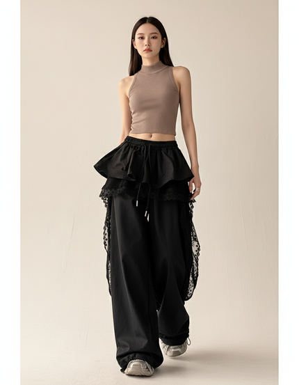Pantalon Baggy Noir Ample Dentelle Streetwear Femme - Polyester