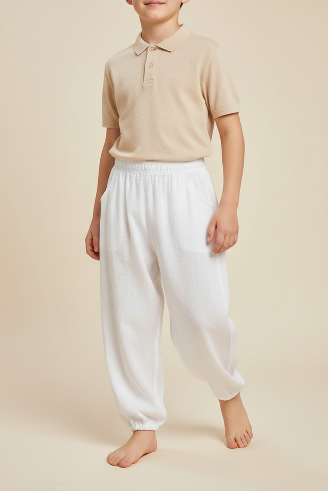 Pantalon Baggy Blanc Ample Lin Décontracté Enfant