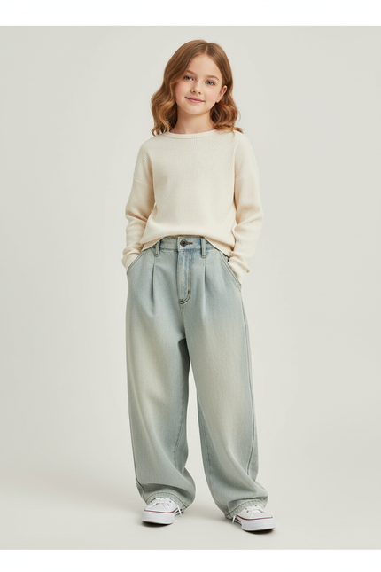 Pantalon Baggy Jean Clair Ample Décontracté Fille - Bleu